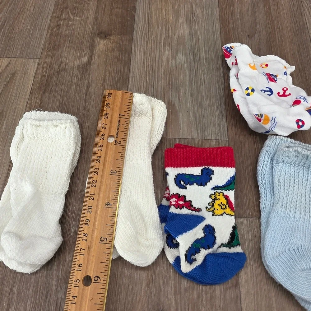 Vtg Baby Boy Sock & Mitten Lot 5 Pairs Dinosaur Nautical Airplane Knit Booties